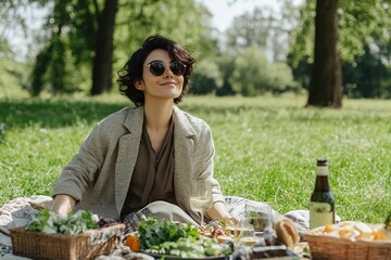 A person enjoying a picnic in a park, sitting on a blanket, wearing sunglasses and a casual outfit, green grass 1