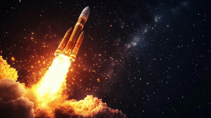 Fototapeta premium Powerful Rocket Launch into Starry Night Sky with Fiery Exhaust Trail - Space Exploration Concept.
