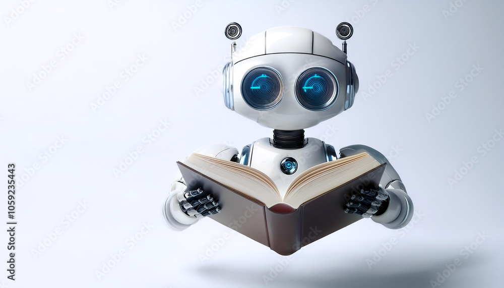 Poster ai robot is reading a book floating or flying isolated white background