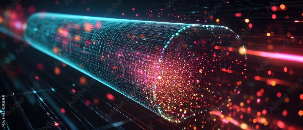 Poster abstract 3d render of a cyber tunnel with glittering particles and neon lights.