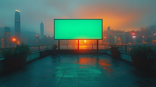 Vibrant city skyline at sunset with a blank billboard on a rooftop, capturing the essence of urban evening ambiance and digital imagery.