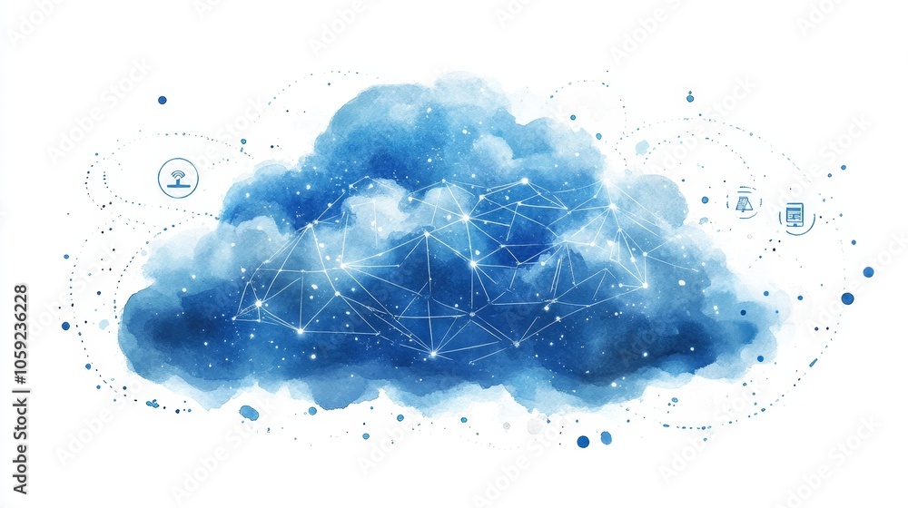 Aufkleber watercolor cloud illustration featuring rsa encryption concepts and digital connectivity in a modern