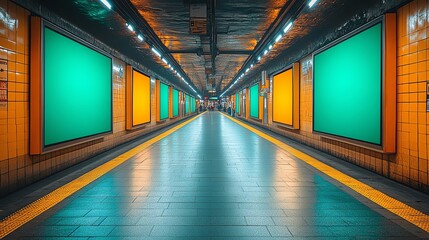 Vibrant urban subway tunnel with illuminated advertisement panels and symmetrical perspective, creating a futuristic and colorful ambiance.