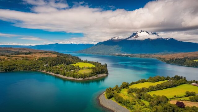 Breathtaking aerial view of Puerto Octay in Chile's Lagos Region, featuring stunning landscapes with a serene lake, majestic mountains, and vibrant greenery&mdash;ideal for nature lovers and travelers.