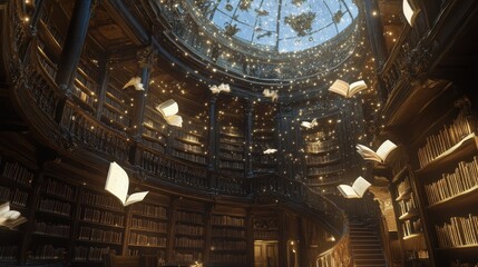 Obraz premium Magical Library with Flying Books and Glowing Lights.