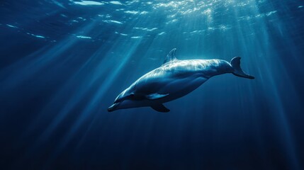 Naklejka premium Dolphin Swimming in Sunlight Rays Underwater - Ocean Wildlife Photography
