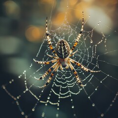 Macro Photography of a Garden Spider in its Web with Dew Drops - Nature's Delicate Beauty.