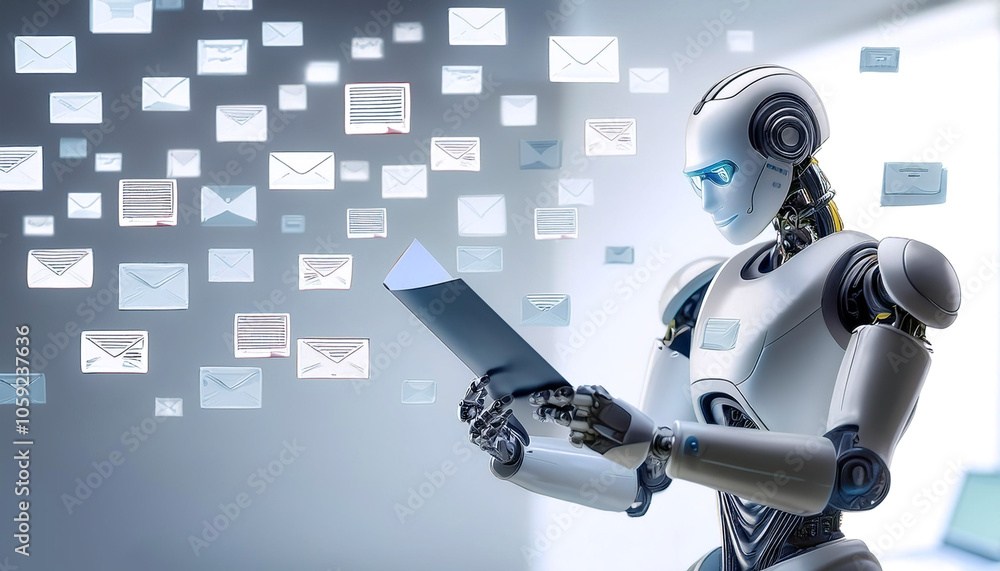 Poster ai robot reading and reviewing phishing emails all day and night in a office adding security banners