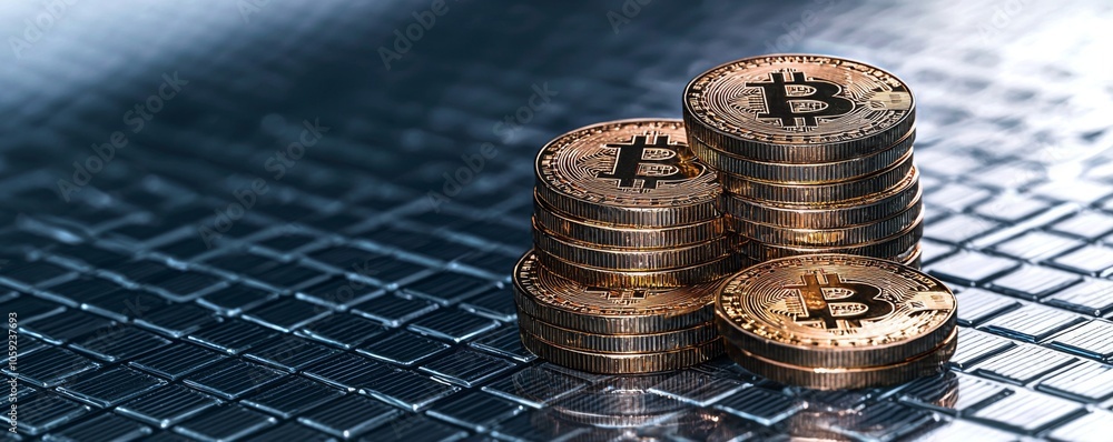 Poster isometric digital coins with graphs and assets