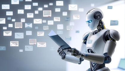 ai robot reading and reviewing phishing emails all day and night in a office adding security banners floating or flying isolated white background