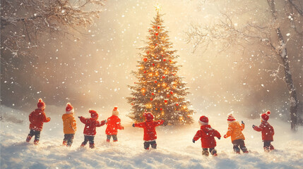 Children playing in the snow with a Christmas tree in the background
