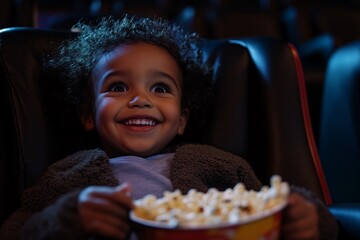 Naklejka premium Child smiling while sitting in a movie theater seat, holding popcorn, dark room, screen glow 5