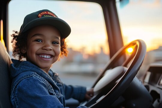 Child smiling while driving a big truck, wearing a trucker hat, city background, sunset, wide shot 6