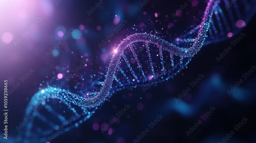 Poster abstract dna structure with glowing particles and bokeh lights.