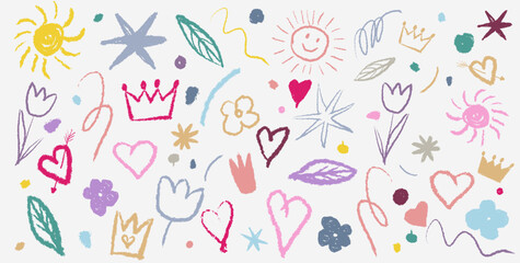 Big set of hand drawn colored charcoal doodle shapes, kids squiggles, in childish girly style. Template pencil drawings illustration. Vector heart, crown, stars, flower, grid doodle collage elements.