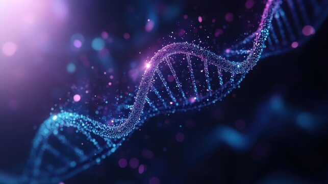 Abstract DNA Structure with Glowing Particles and Bokeh Lights.