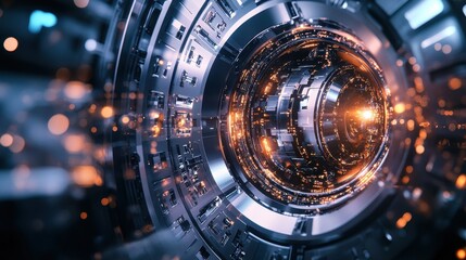 Obraz premium Futuristic Abstract Background with Circular Metal Design, Glowing Lights, and Bokeh Effect.