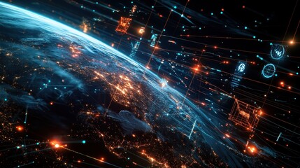 Obraz premium Global Network Connection - Earth with Digital Data Lines and Interfaces - Futuristic Technology Background.