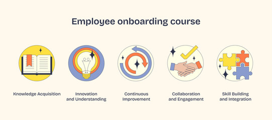 Employee onboarding course visual with book, lightbulb, and puzzle pieces. Neubrutalism style