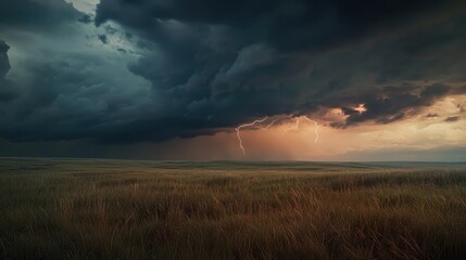 Obraz premium Dramatic Lightning Strike Over Grassy Field with Dark Storm Clouds.