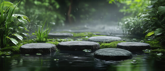 Naklejka premium A serene water scene with smooth stones, surrounded by lush greenery and mist, creating a tranquil and peaceful atmosphere.