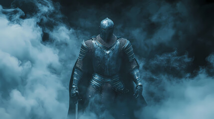 A mysterious knight in shining armor stands amidst dramatic lighting and swirling smoke, embodying strength and bravery. Spectral Knight. Illustration