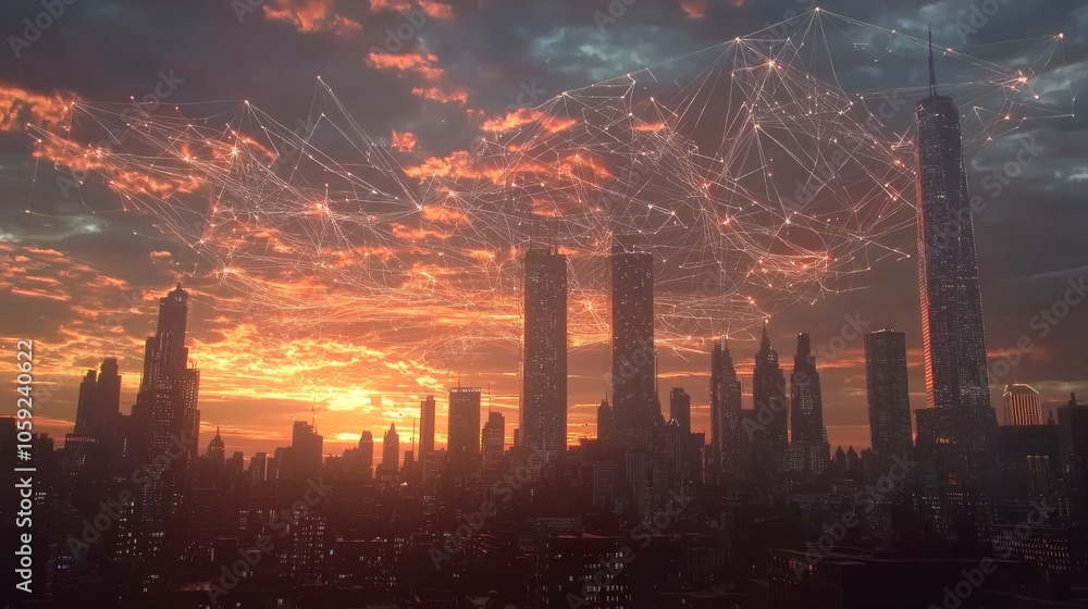 Poster digital graphics over the skyline of a smart city with a connecting network and internet of things