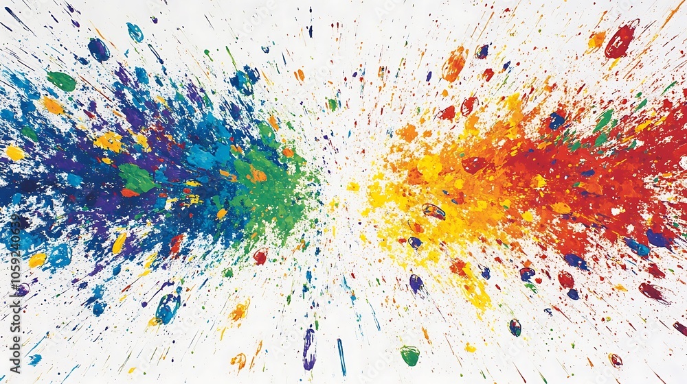 Poster radiant splash of rainbow colors against a white background, each color spreading dynamically with f