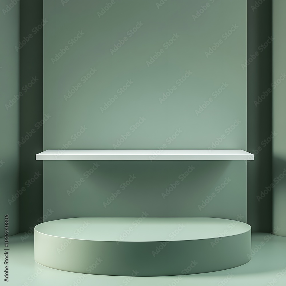 Aufkleber a 3d podium white rectangular table is balanced on the edge of an angled green platform, in a minima
