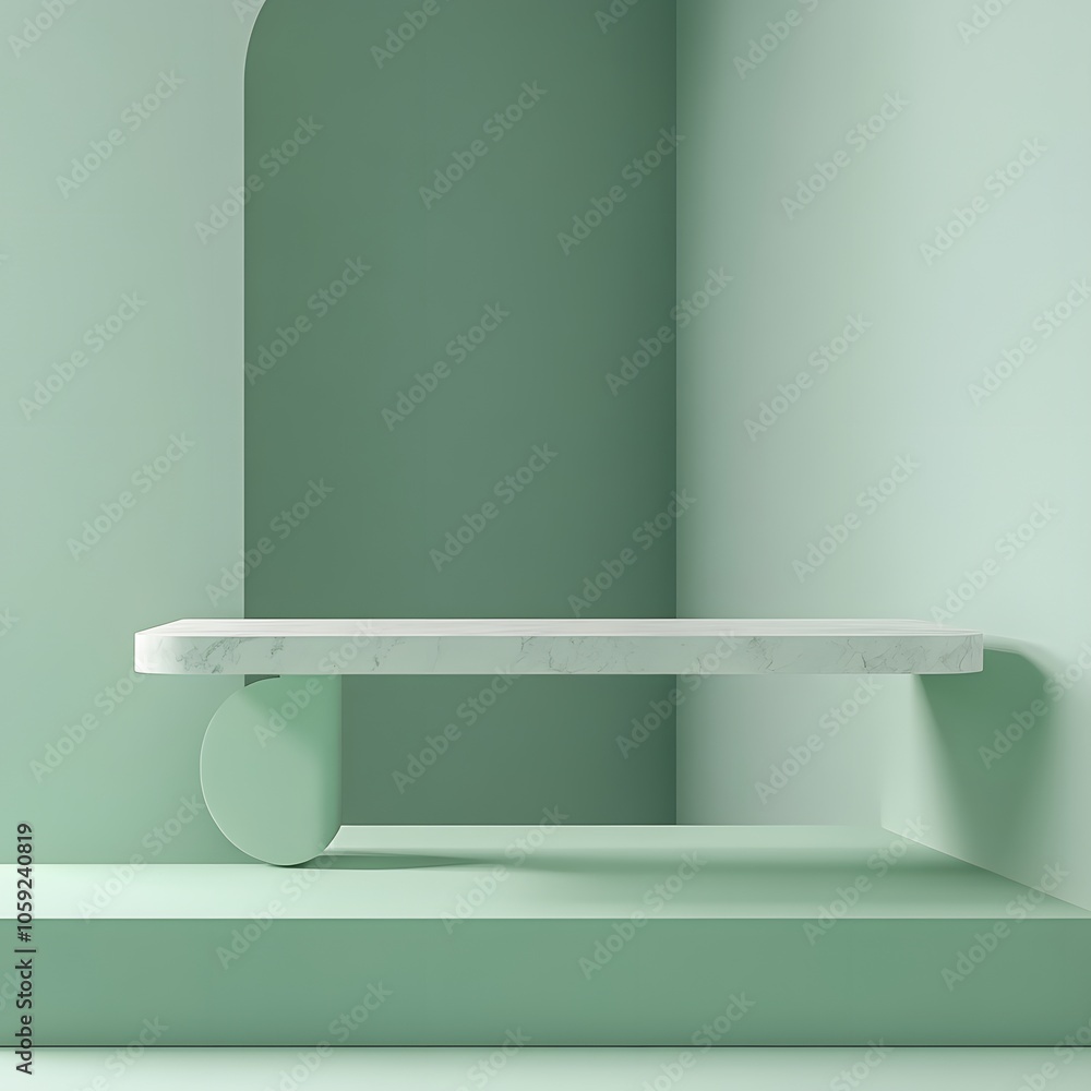 Poster a 3d podium white rectangular table is balanced on the edge of an angled green platform, in a minima