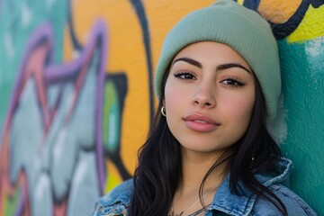 A young Latina woman in a modern urban outfit, standing against a vibrant graffiti wall, bright...