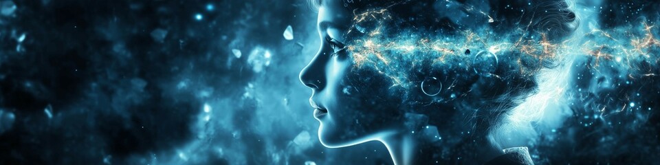 Obraz premium Conceptual art piece of a woman's head,entwined with colorful smoke trails, reality and fantasy.