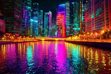 Obraz premium The glowing neon lake in the futuristic city of the future at night.