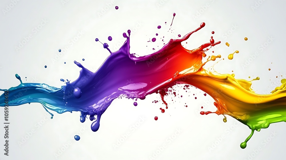Poster radiant splash of rainbow colors against a white background, each color spreading dynamically with f