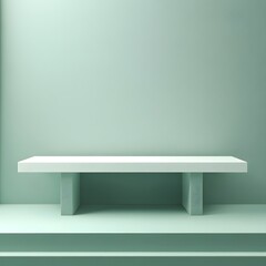 
A 3D podium white rectangular table is balanced on the edge of an angled green platform, in a minimalist style, with a solid color background, studio lighting, soft light, delicate texture, high satu