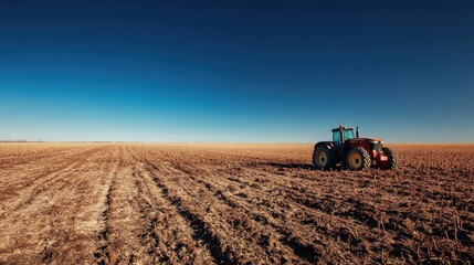 Obraz premium Red Tractor in a Plowed Field Under a Blue Sky - Agriculture, Farming, Machinery, Rural Landscape