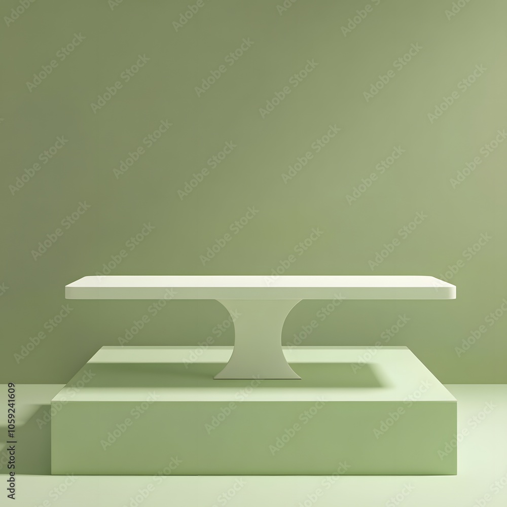 Aufkleber a 3d podium white rectangular table is balanced on the edge of an angled green platform, in a minima