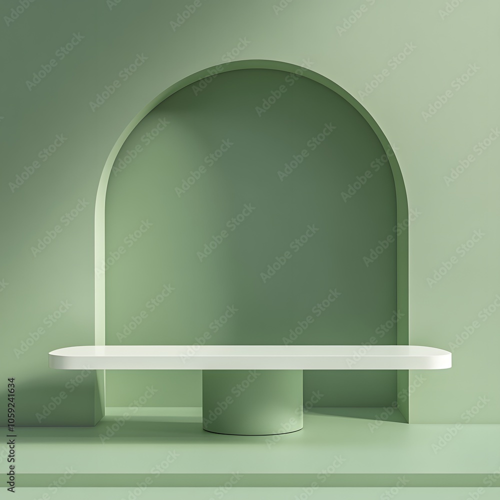 Poster a 3d podium white rectangular table is balanced on the edge of an angled green platform, in a minima