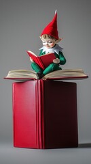 A whimsical elf character reading on a large red book, showcasing a magical and playful atmosphere. © Ai7