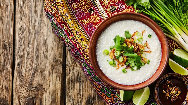 Cambodian Babor Rice Porridge with Herbs and Crispy Shallots in a Ceramic Bowl (Cambodian Cuisine)