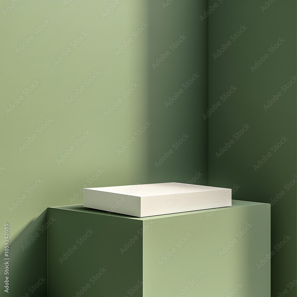 Poster a 3d podium white rectangular table is balanced on the edge of an angled green platform, in a minima