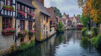 Naklejka premium Canal View in a Medieval European Town with Flowers and Stone Buildings