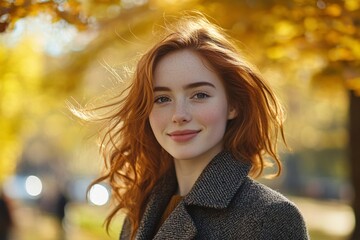 Naklejka premium A young Irish woman with flowing auburn hair, wearing a modern coat, walking through a vibrant autumn park, golden leaves 6