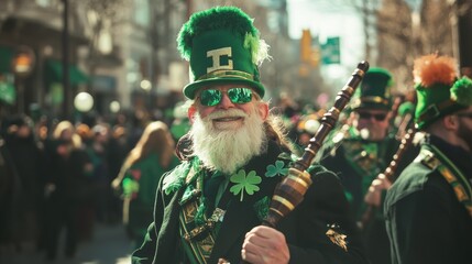 Happy Irish Man with White Beard and Green Hat Plays Bagpipes at St. Patrick's Day Parade.
