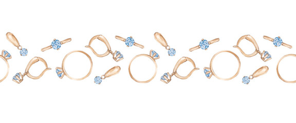 Watercolor seamless pattern with jewelry gold ornaments. Gold earrings, ring, pendant with precious stone blue gopaz Banner for design and decoration.