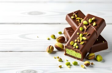 Rich Dubai chocolate bars with vibrant green pistachio paste and fresh pistachio on the white background with free space for text 