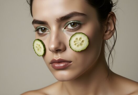 Clay Face Mask. Close Up Detail Of Female Face Wearing Caly Face Mask, With Cucumber Slices On Her Eyes
