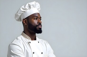Portrait of  handsome afroamerican chef with free space for text on light grey background 