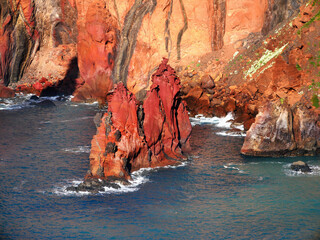 Madeira island volcanic red rock formations as from another planet.  Ponta de Sao Lourenco, the...