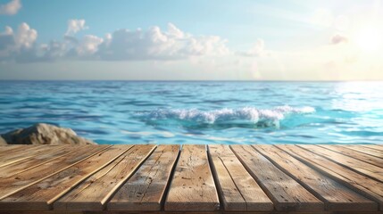 Fototapeta premium Wooden Table on Blurry Ocean Background in Summer for Product Display or Design.